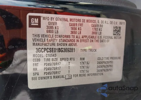 2011 Chevrolet Silverado 1500 Lt из США, поврежденный, VIN 3GCPCSE01BG369281